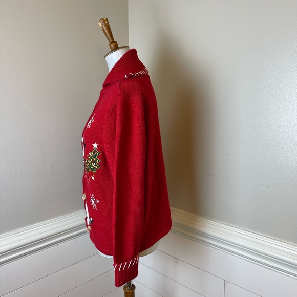 Star Blue Originals Red Cotton Snowmen Christmas Zip Front Cardigan M FREE SHIP - Picture 2 of 4